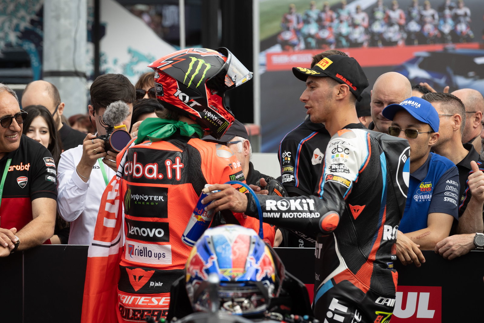 Nicolo Bulega, Toprak Razgatlioglu, 2025 Italian WorldSBK, parc ferme. Credit: Gold and Goose.