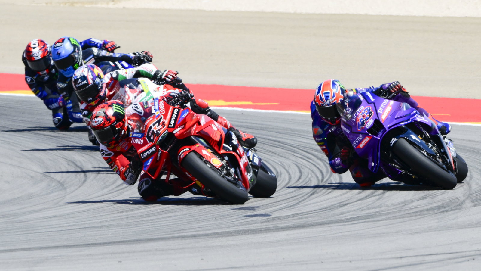 Francesco Bagnaia, Jack Miller, Johann Zarco, Alex Rins, Augusto Fernandez, 2025 MotoGP Aragon Grand Prix. Credit: Gold and Goose