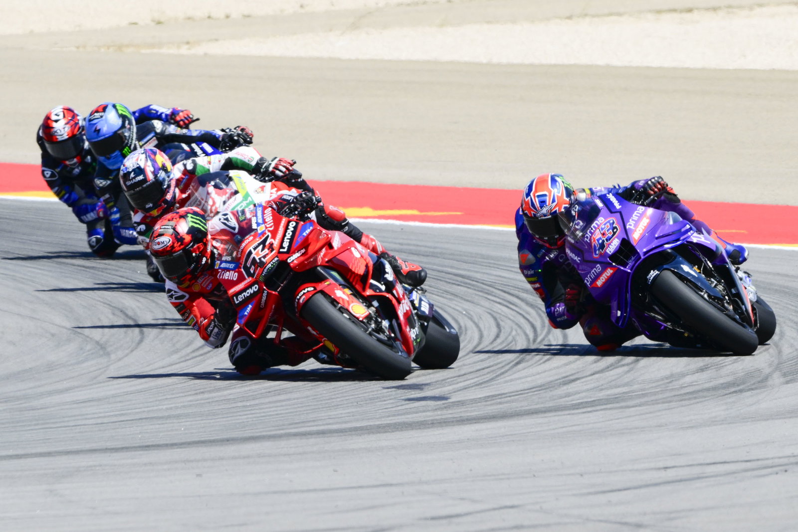 Francesco Bagnaia, Jack Miller, Johann Zarco, Alex Rins, Augusto Fernandez, 2025 MotoGP Aragon Grand Prix. Credit: Gold and Goose