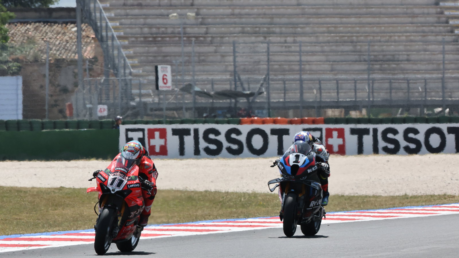 Nicolo Bulega leads Toprak Razgatlioglu, 2025 Emilia-Romagna WorldSBK. Credit: Gold and Goose.