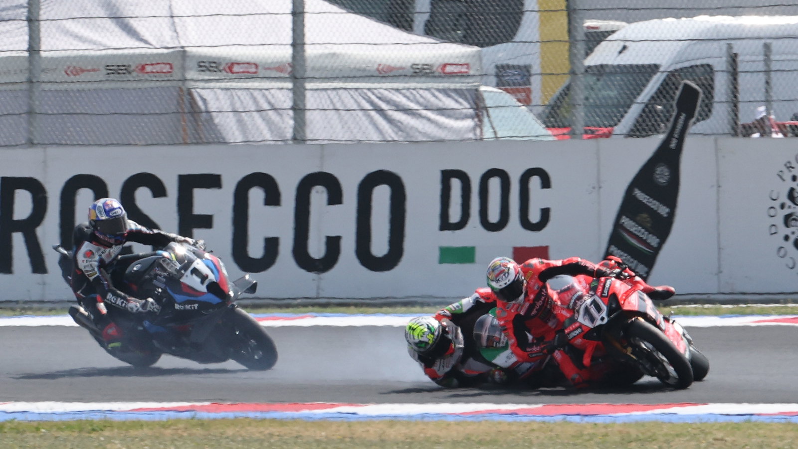 Nicolo Bulega, Axel Bassani crash at 2025 Emilia-Romagna WorldSBK. Credit: Gold and Goose.