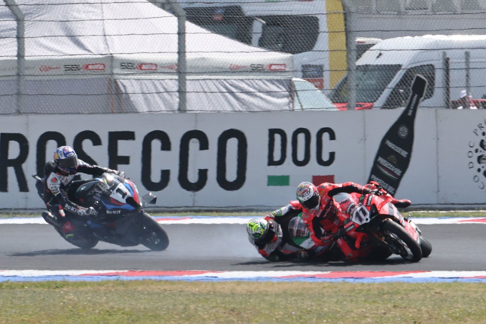 Nicolo Bulega, Axel Bassani crash at 2025 Emilia-Romagna WorldSBK. Credit: Gold and Goose.
