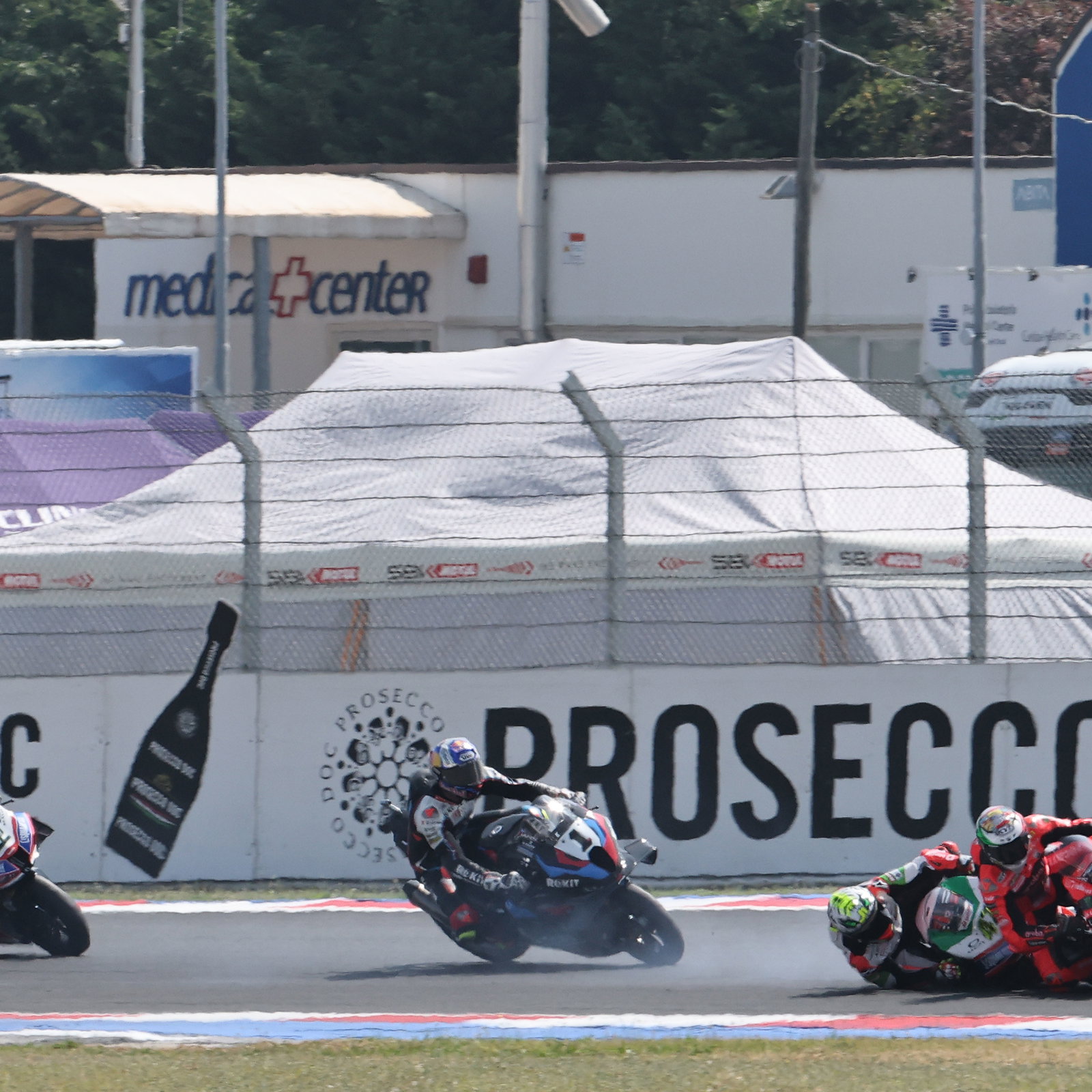 Axel Bassani, Nicolo Bulega crash at 2025 Emilia-Romagna WorldSBK. Credit: Gold and Goose.