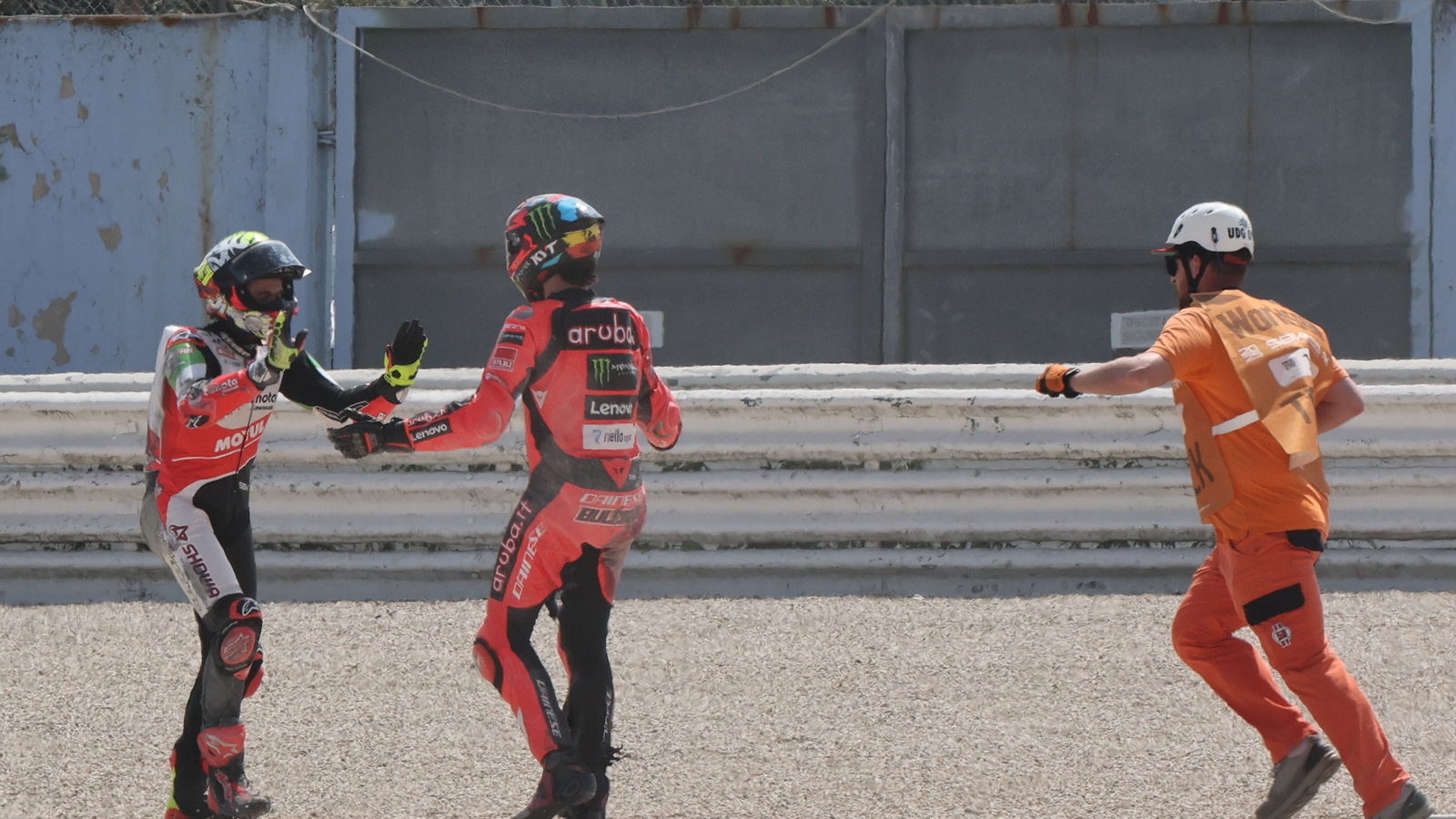 Nicolo Bulega, Axel Bassani after crashing at 2025 Emilia-Romagna WorldSBK. Credit: Gold and Goose.