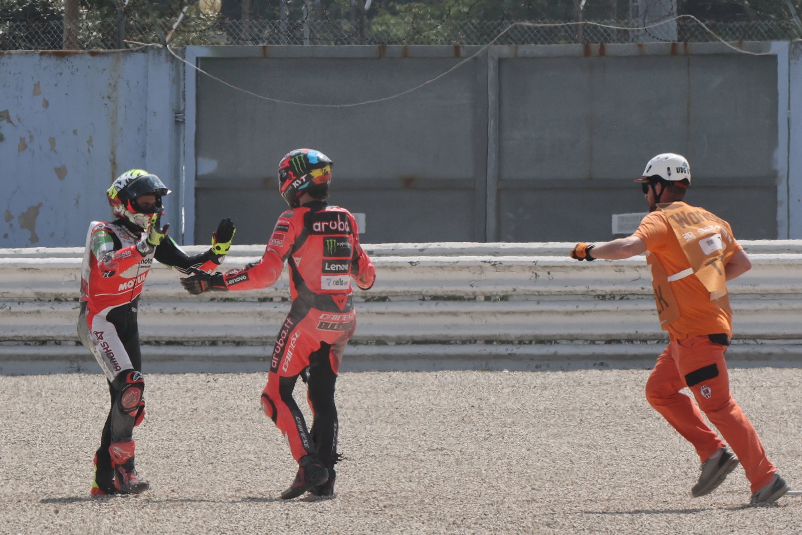 Nicolo Bulega, Axel Bassani after crashing at 2025 Emilia-Romagna WorldSBK. Credit: Gold and Goose.