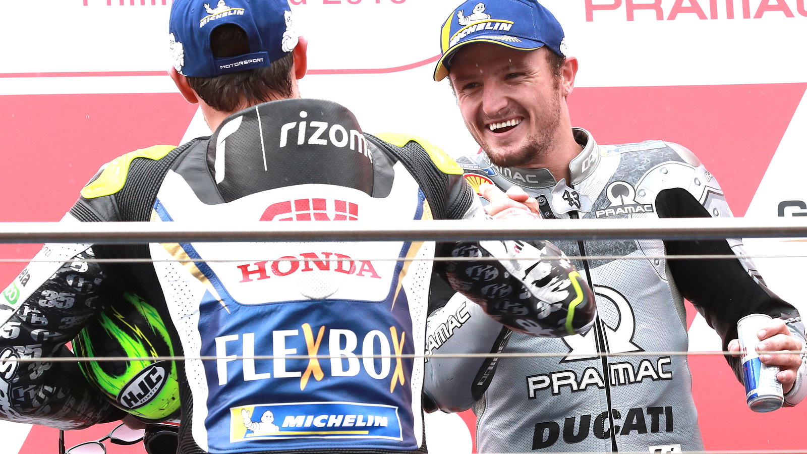 Jack Miller, Cal Crutchlow, 2019 MotoGP Australian Grand Prix, podium. Credit: Gold and Goose.