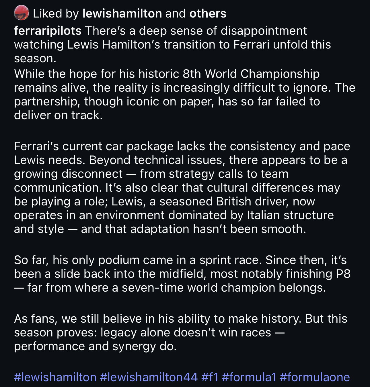 Lewis Hamilton liking the post on Instagram 