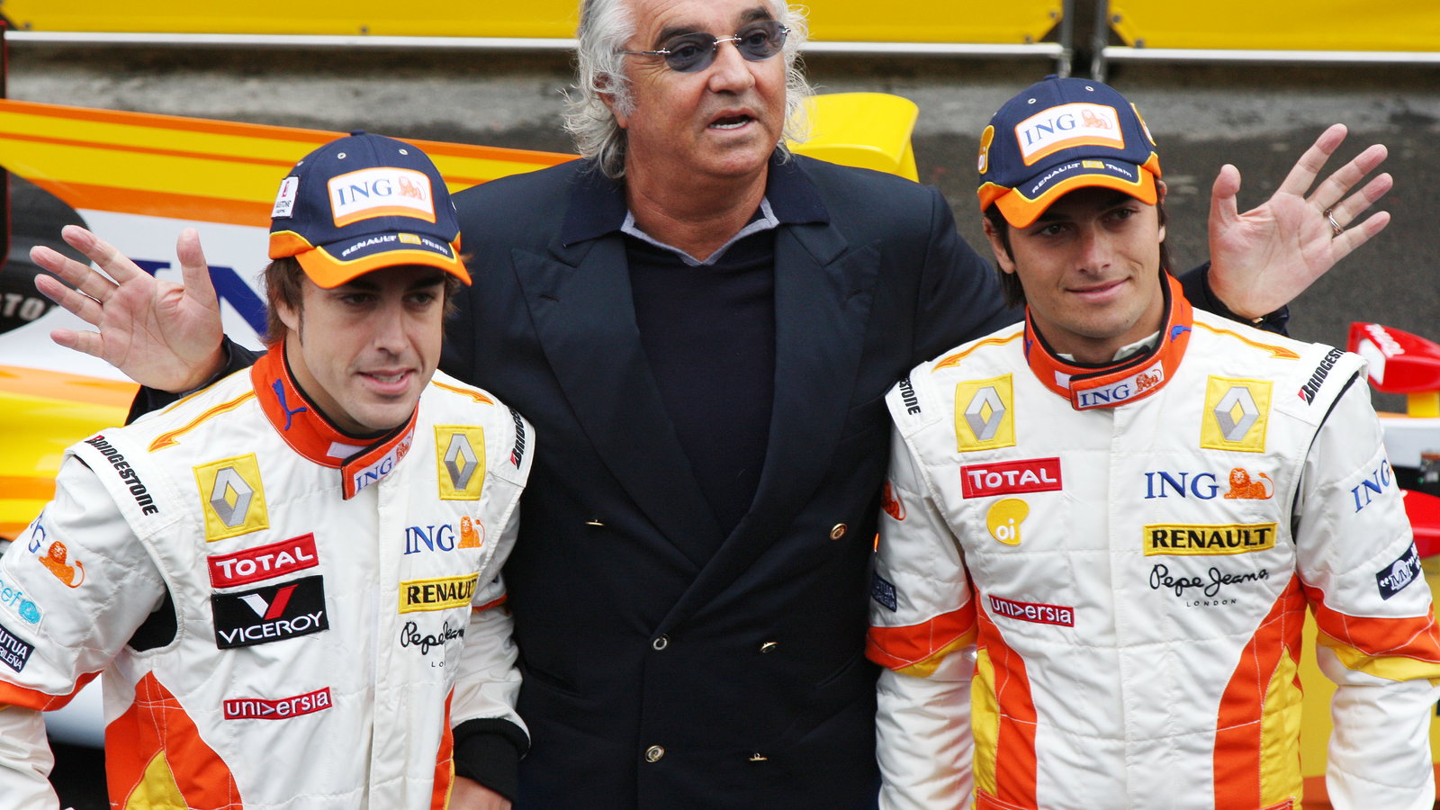 Fernando Alonso, Flavio Briatore and Nelson Piquet 