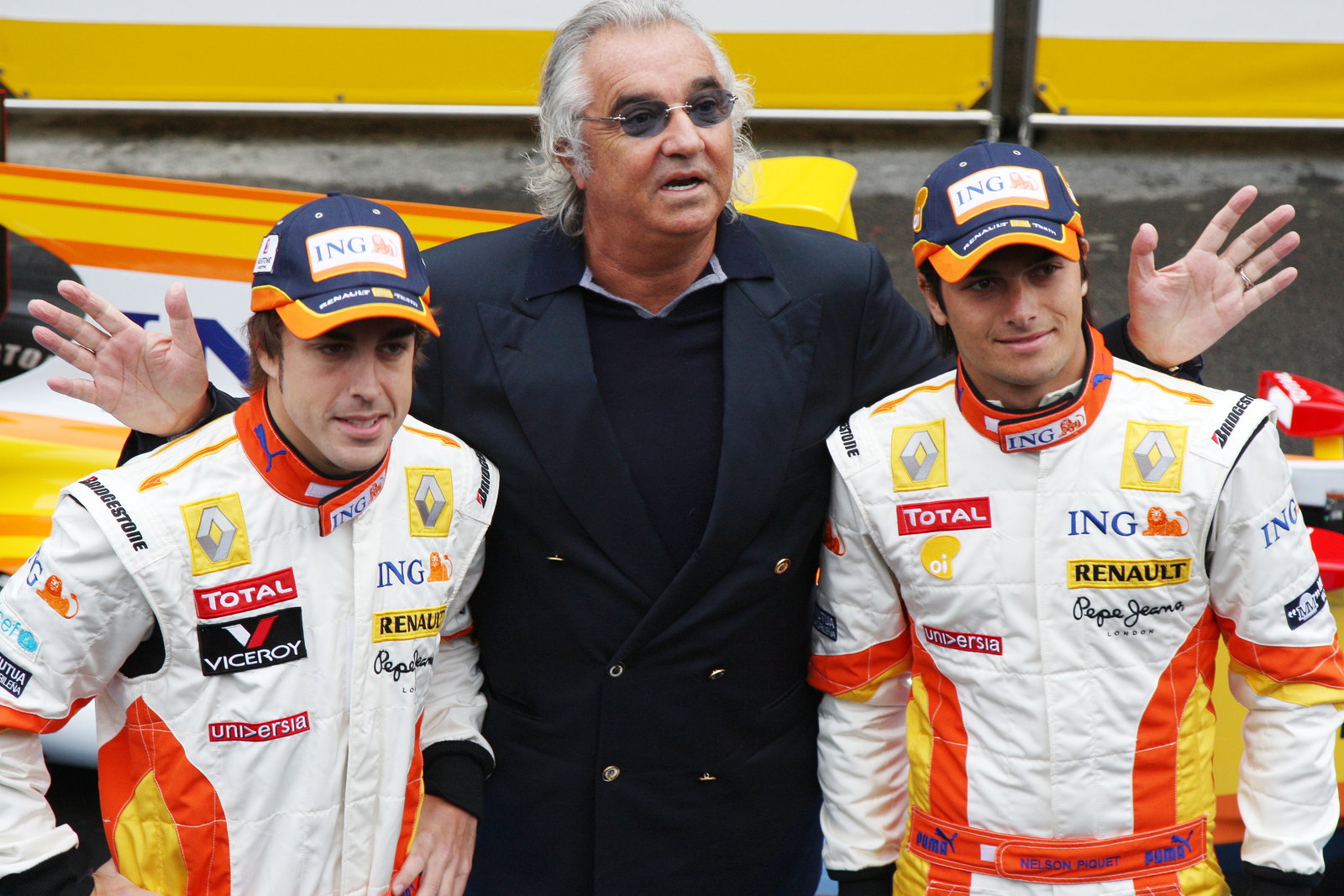 Fernando Alonso, Flavio Briatore and Nelson Piquet 