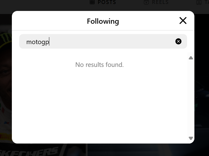 Screenshot of Valentino Rossi's Instagram 'Following' tab, showing he no longer follows the official MotoGP account.