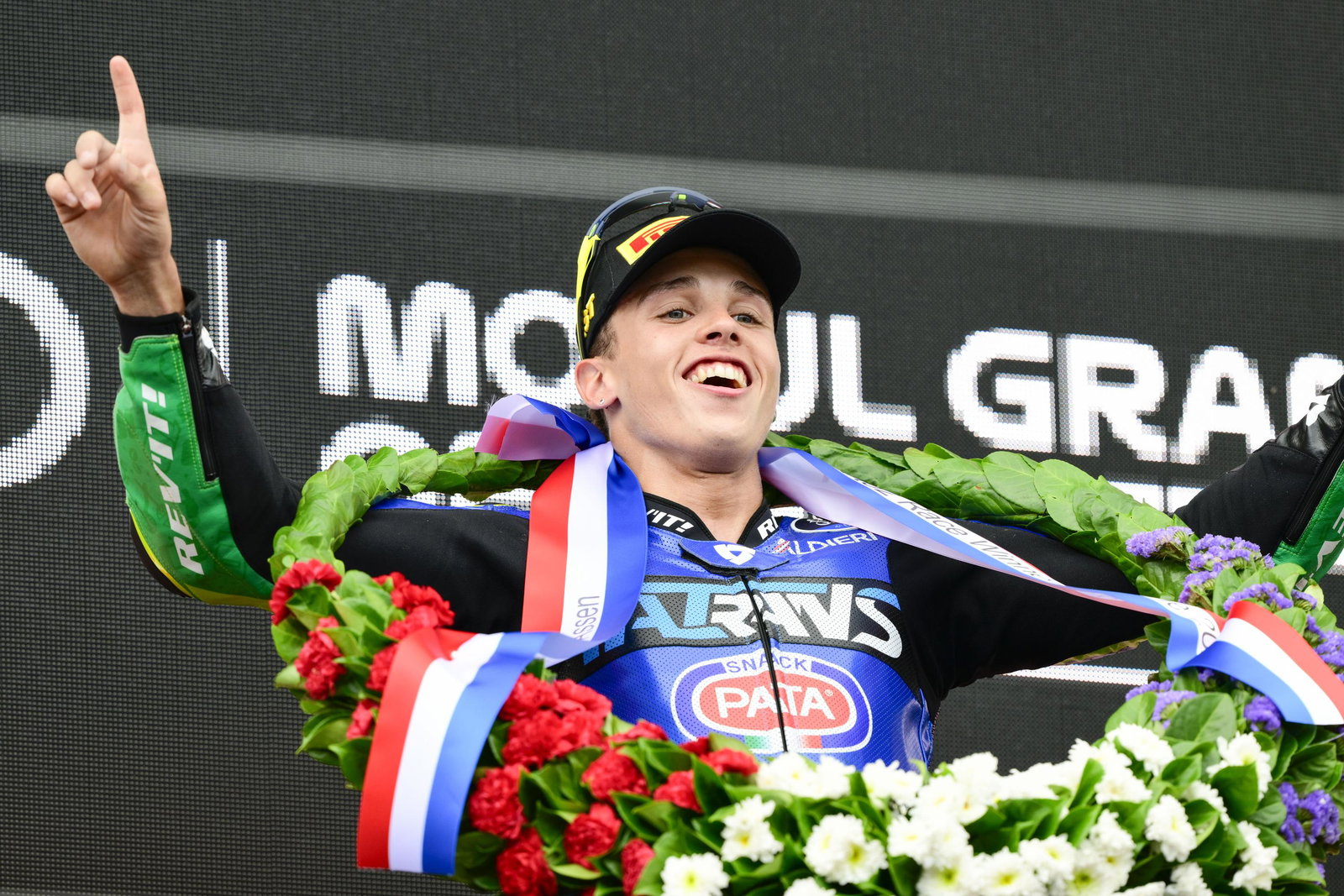 Diogo Moreira celebrates his first Moto2 victory, Assen 2025