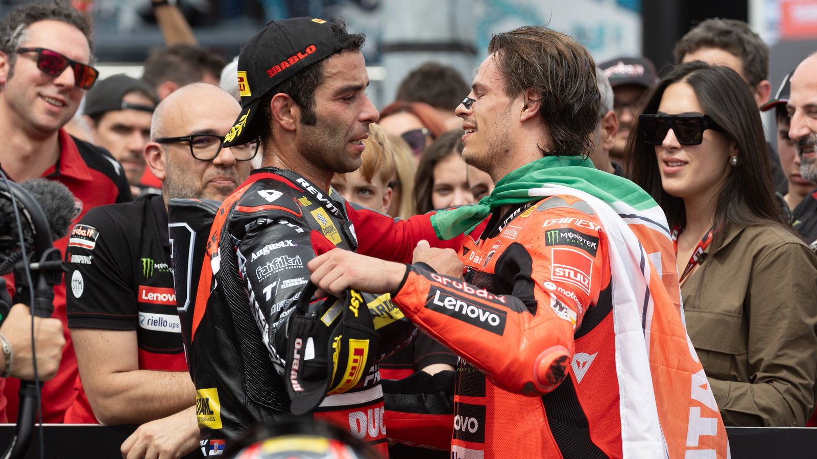 Danilo Petrucci, Nicolo Bulega, 2025 Italian WorldSBK, parc ferme. Credit: Gold and Goose.