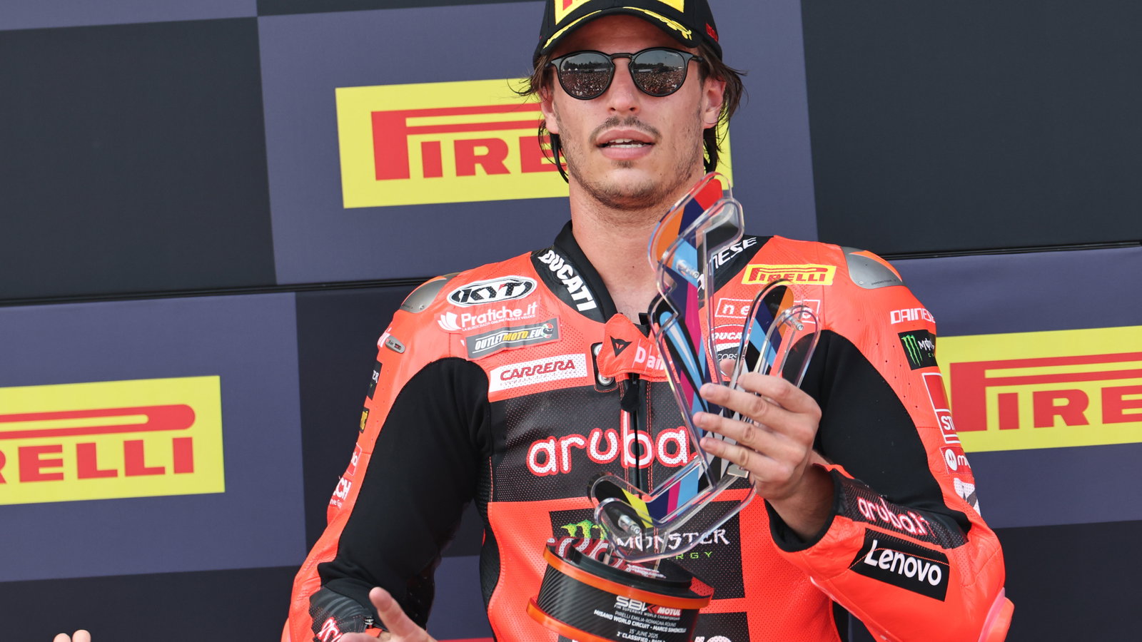 Nicolo Bulega, 2025 Emilia-Romagna WorldSBK, podium. Credit: Gold and Goose.