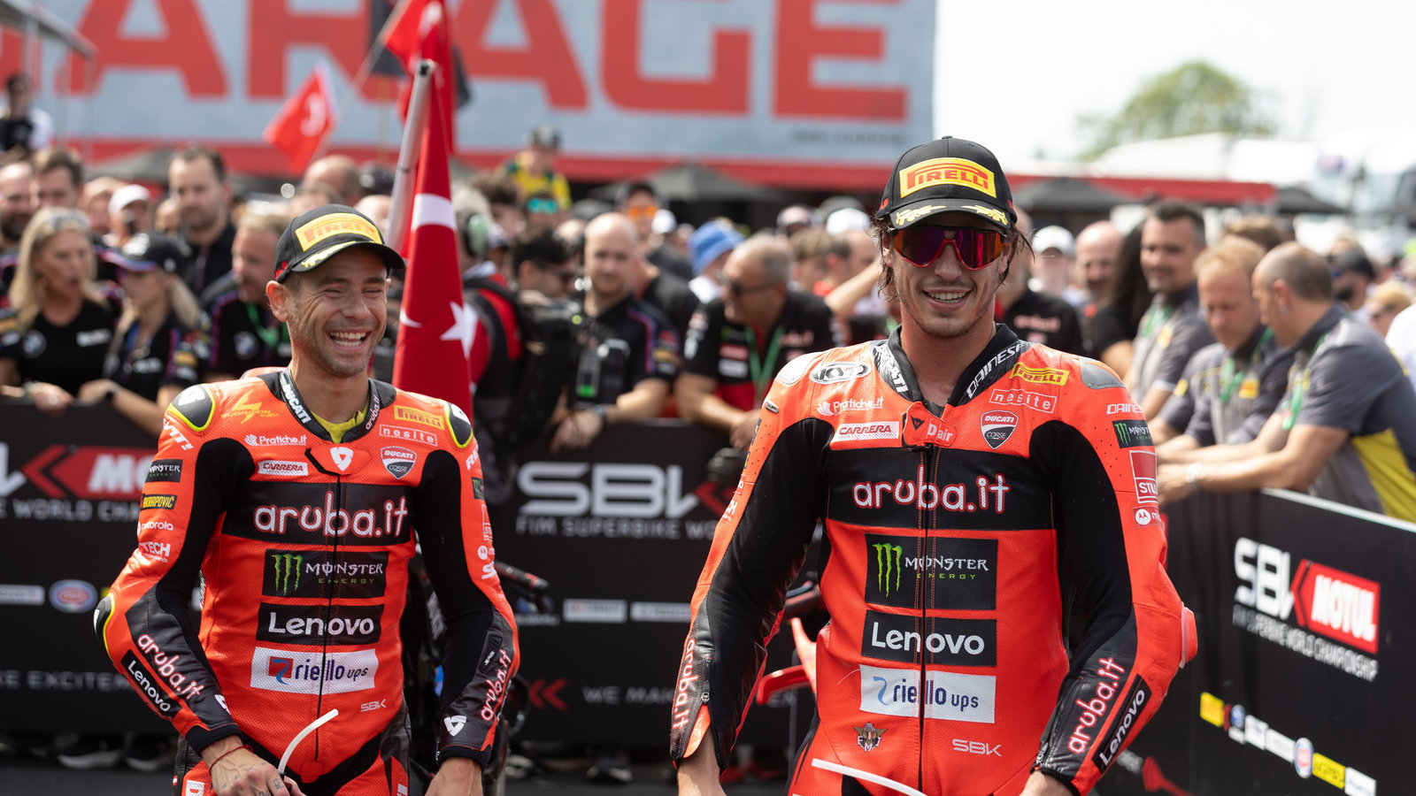 Alvaro Bautista, Nicolo Bulega, 2025 UK WorldSBK, parc ferme. Credit: Gold and Goose.