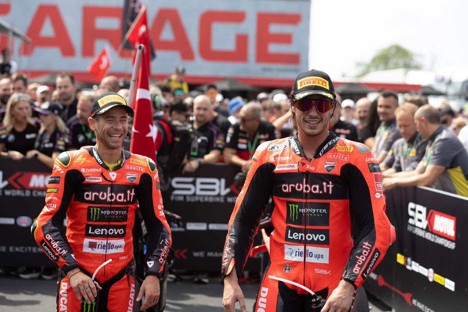Alvaro Bautista, Nicolo Bulega, 2025 UK WorldSBK, parc ferme. Credit: Gold and Goose.