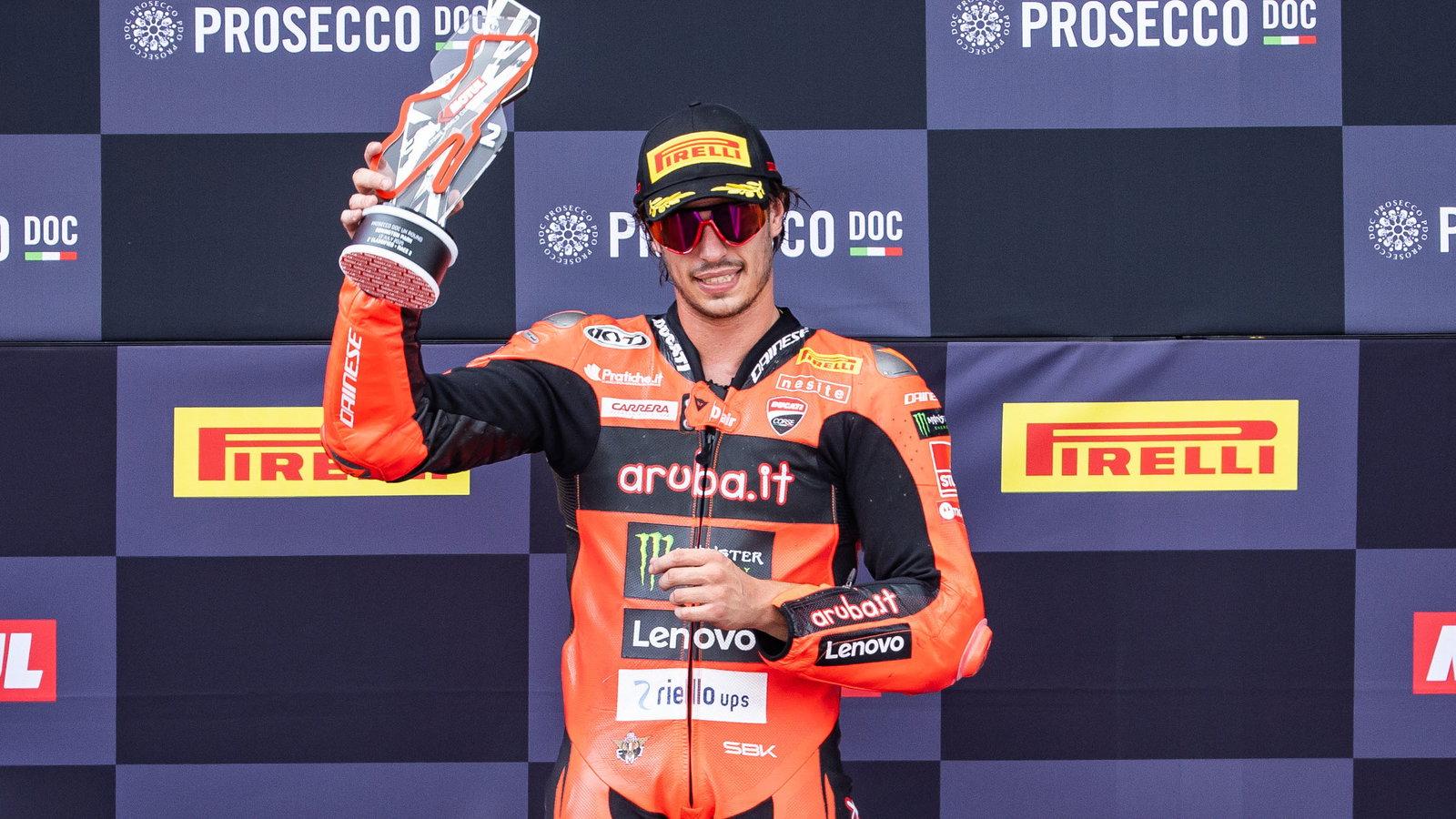 Nicolo Bulega, 2025 UK WorldSBK, podium. Credit: Gold and Goose.