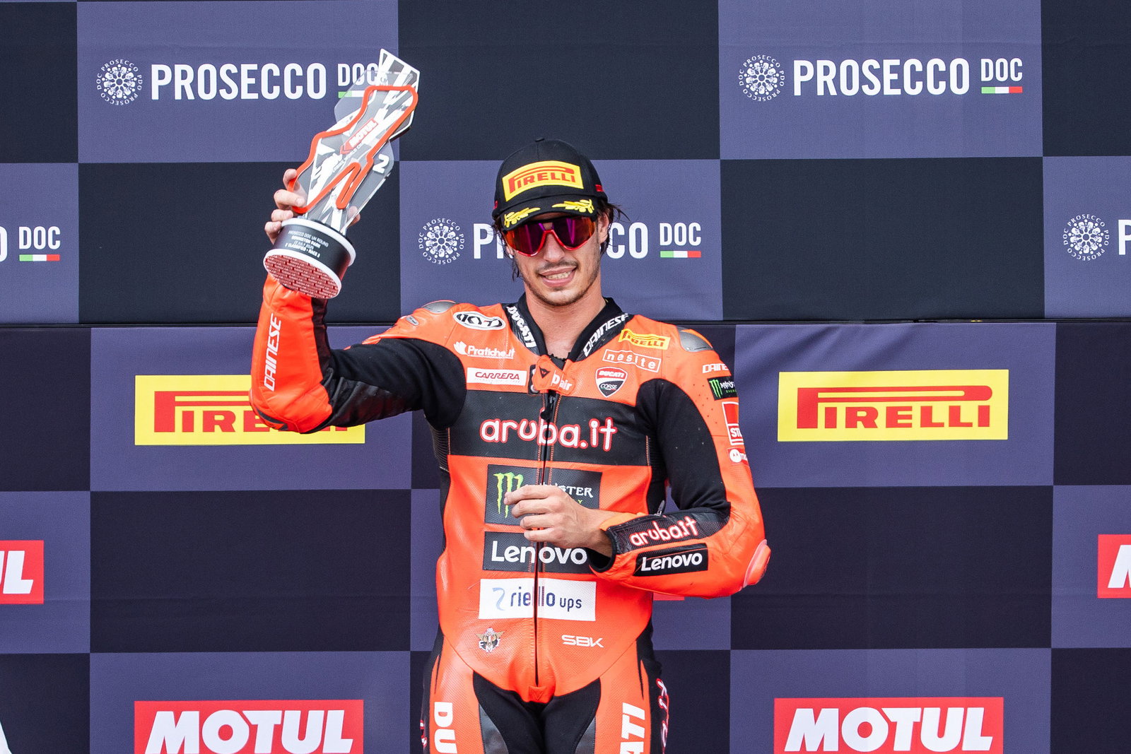 Nicolo Bulega, 2025 UK WorldSBK, podium. Credit: Gold and Goose.