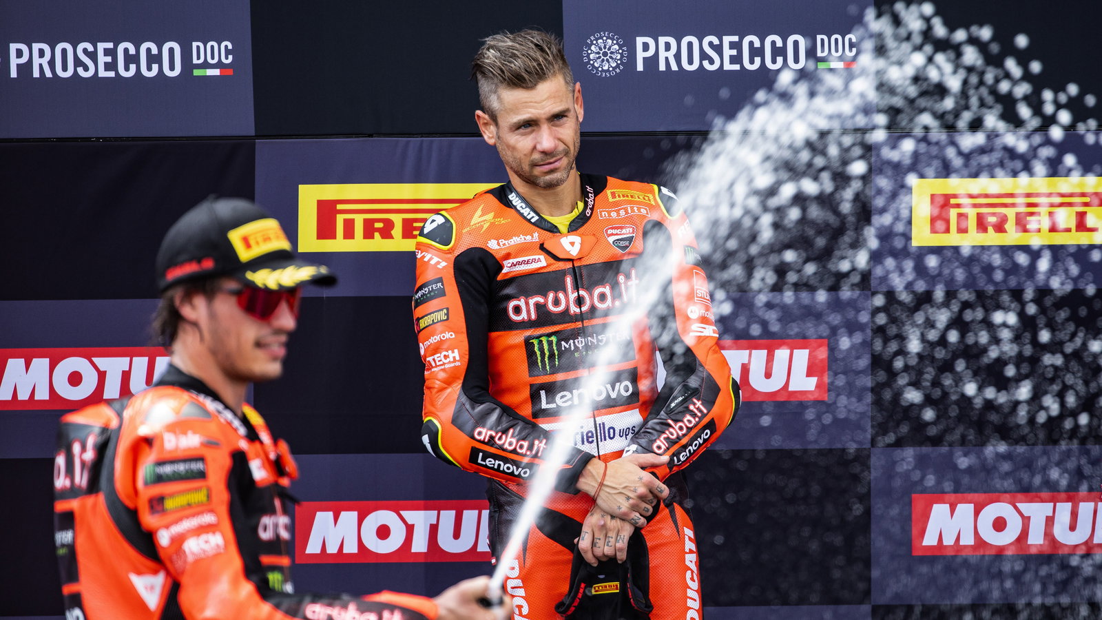 Alvaro Bautista, Nicolo Bulega, 2025 UK WorldSBK, podium. Credit: Gold and Goose.