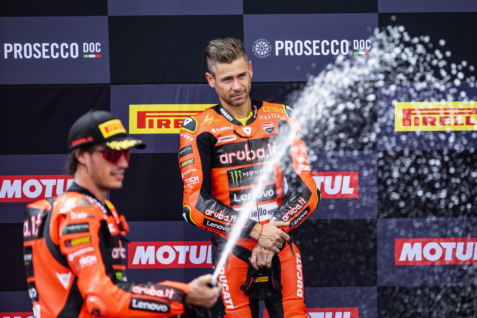 Alvaro Bautista, Nicolo Bulega, 2025 UK WorldSBK, podium. Credit: Gold and Goose.