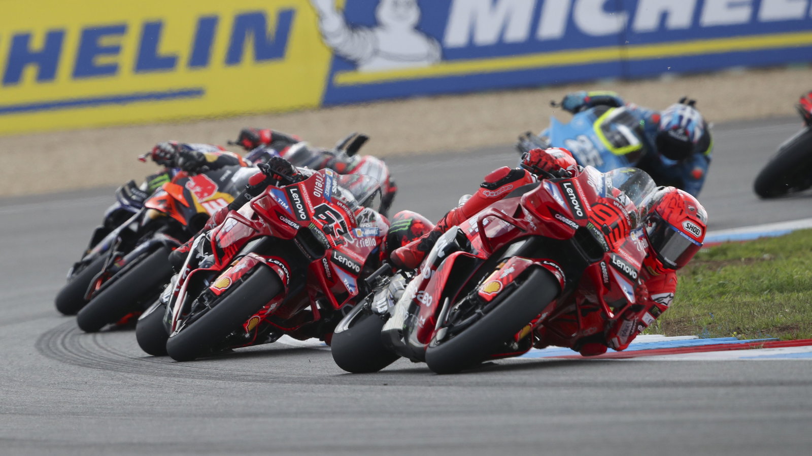 Marc Marquez leads Francesco Bagnaia, 2025 MotoGP Czech Grand Prix, Sprint. Credit: Gold and Goose.