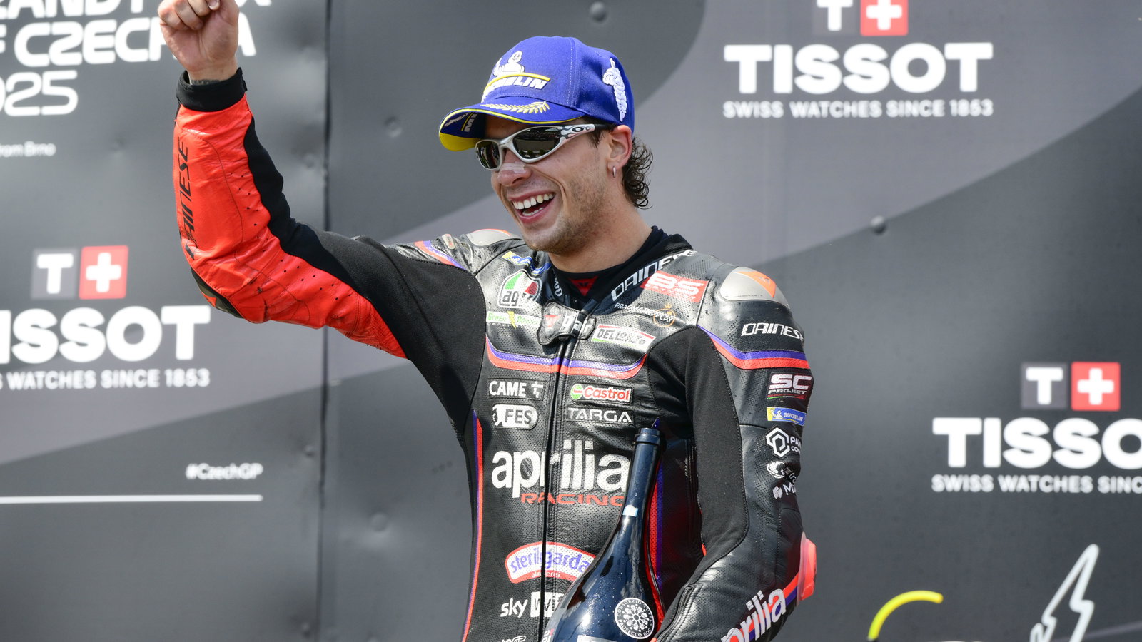 Marco Bezzecchi, 2025 MotoGP Czech Grand Prix, podium. Credit: Gold and Goose.