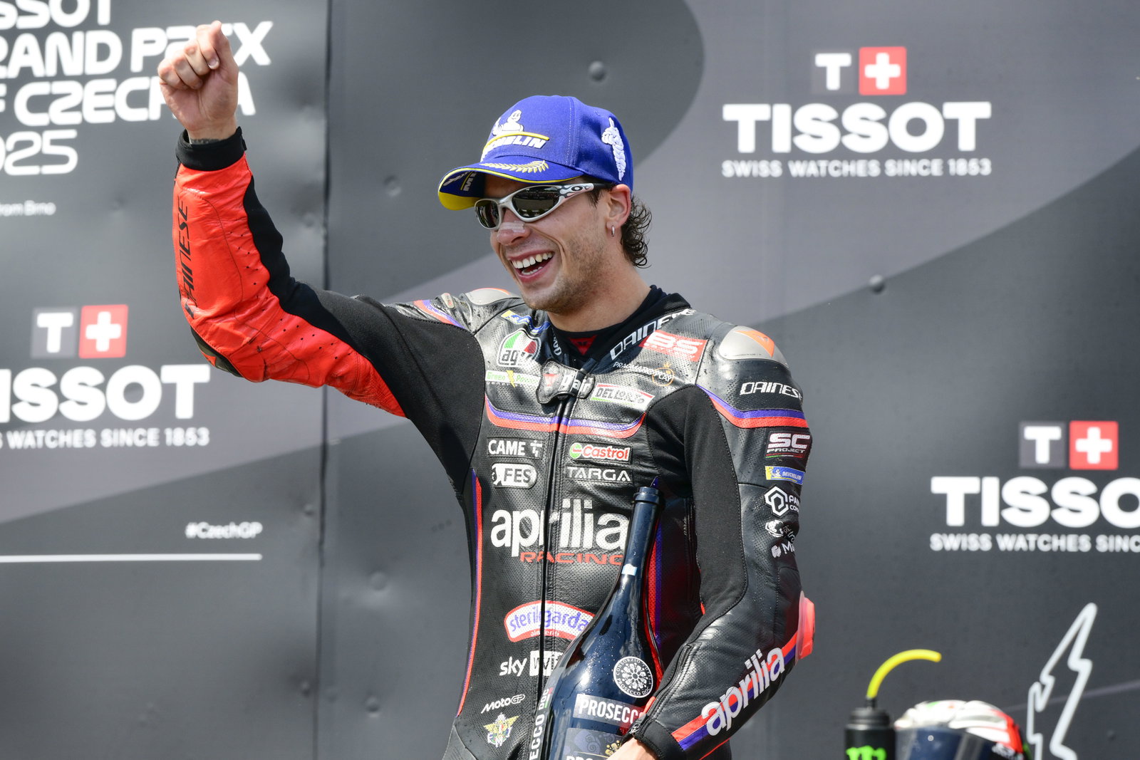 Marco Bezzecchi, 2025 MotoGP Czech Grand Prix, podium. Credit: Gold and Goose.