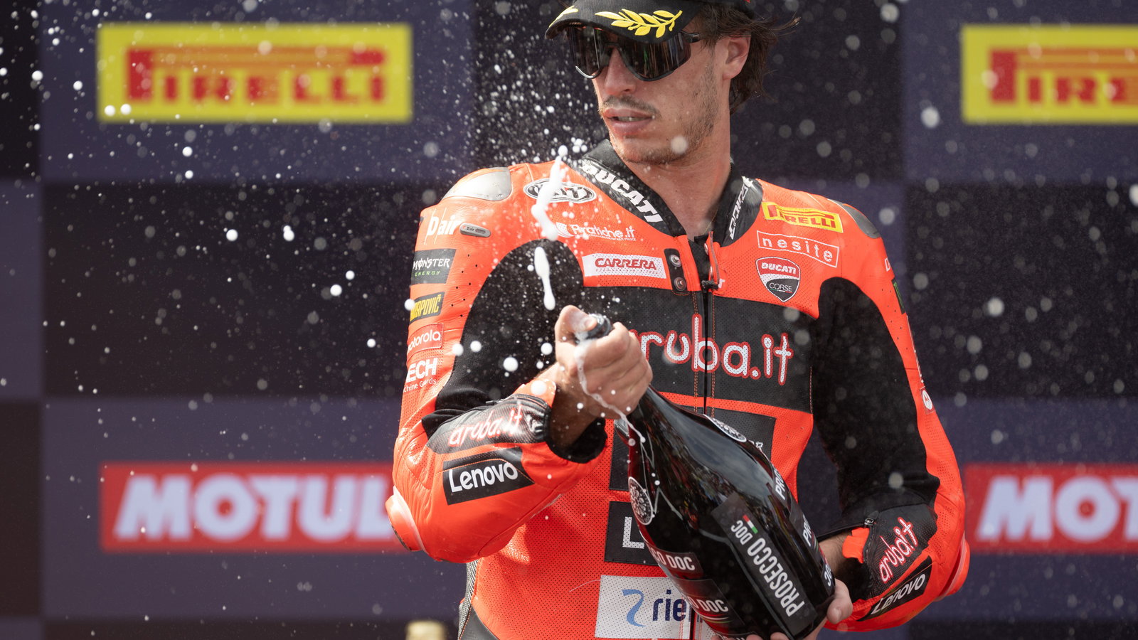 Nicolo Bulega, 2025 Hungarian WorldSBK, podium. Credit: Gold and Goose.