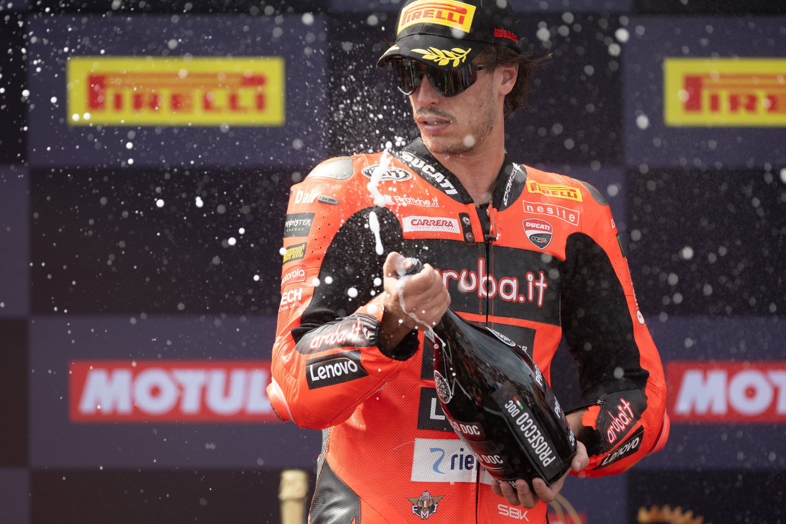 Nicolo Bulega, 2025 Hungarian WorldSBK, podium. Credit: Gold and Goose.