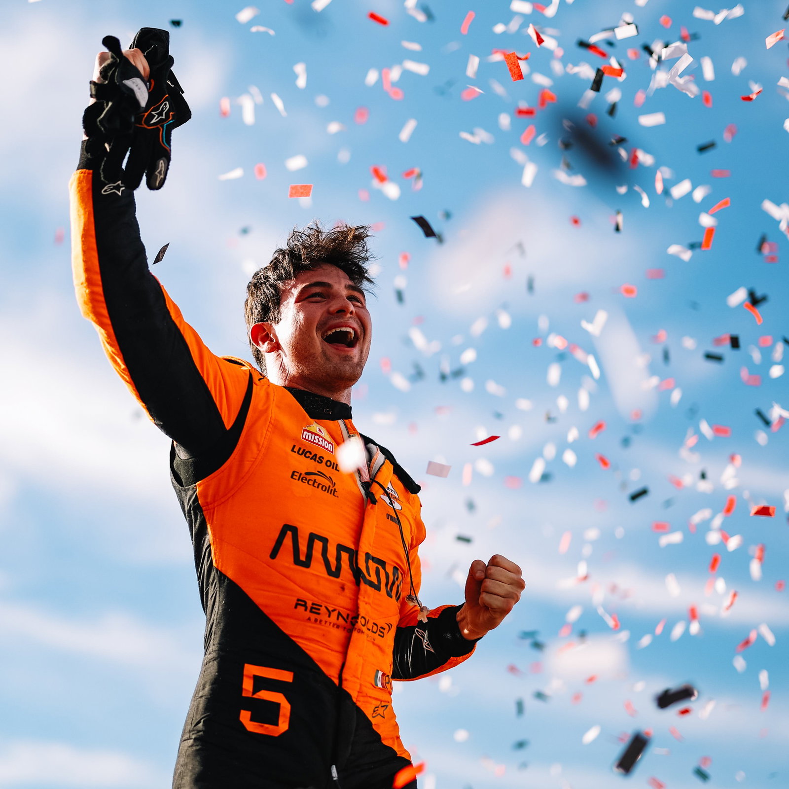 Pato O'Ward celebrating his win at Iowa.