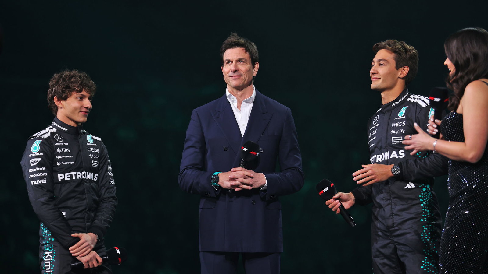 Kimi Antonelli, Toto Wolff and GEORGE RUSSELL