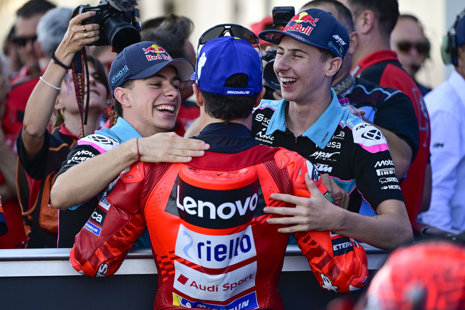 David Alonso, Marc Marquez, Maximo Quiles, 2025 MotoGP Hungarian Grand Prix, parc ferme. Credit: Gold and Goose.