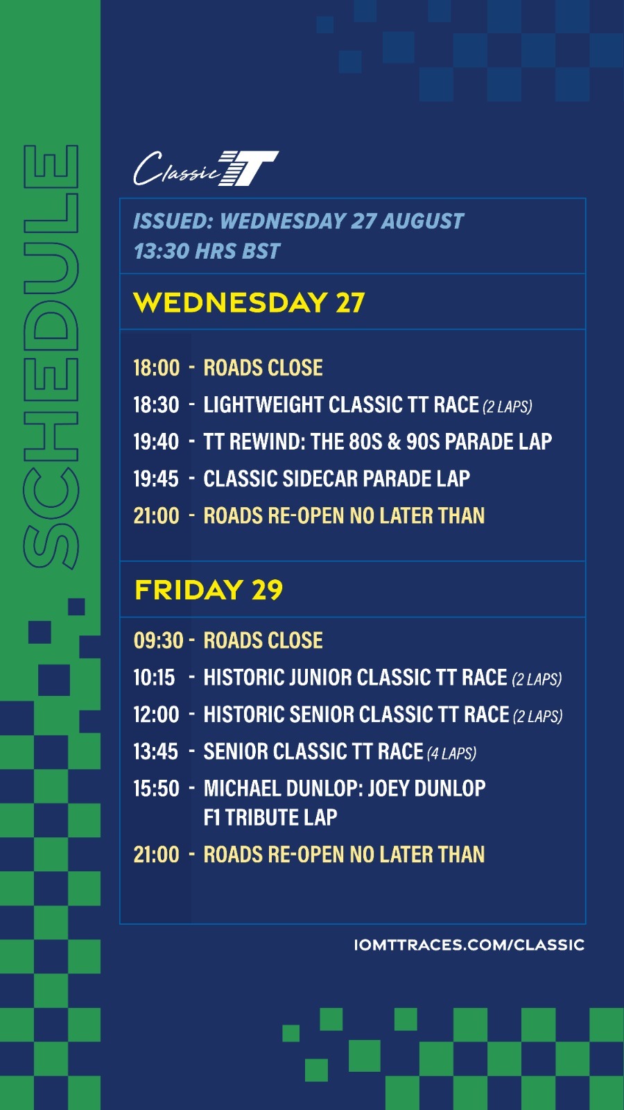 2025 Classic TT schedule issued at 13:34 on 27 August.