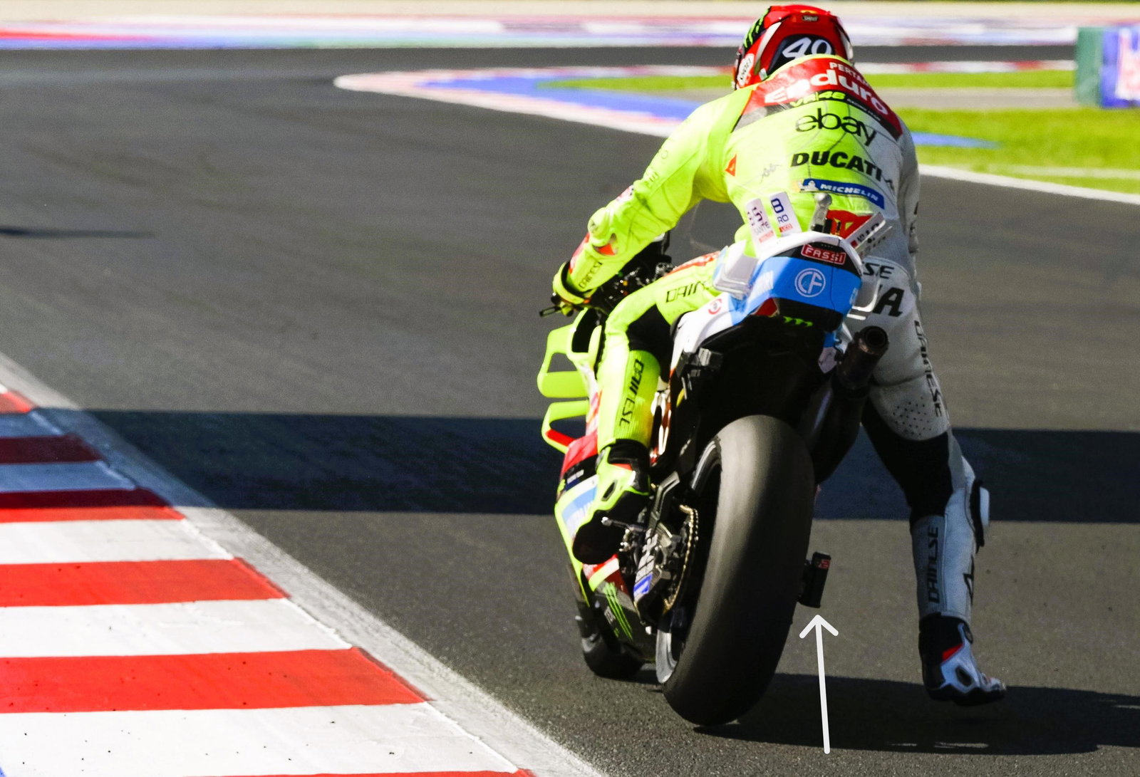 Swingarm damper (arrow) on Fabio di Giannantonio's Ducati, 2025 San Marino MotoGP