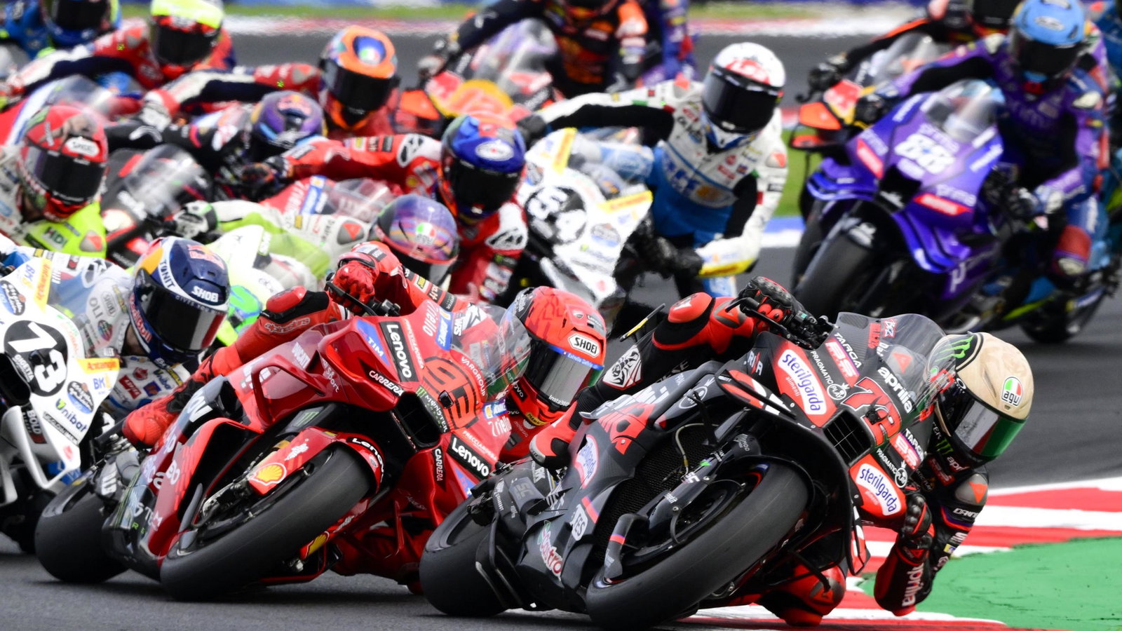 Marco Bezzecchi leads Marc Marquez, Start, 2025 San Marino MotoGP