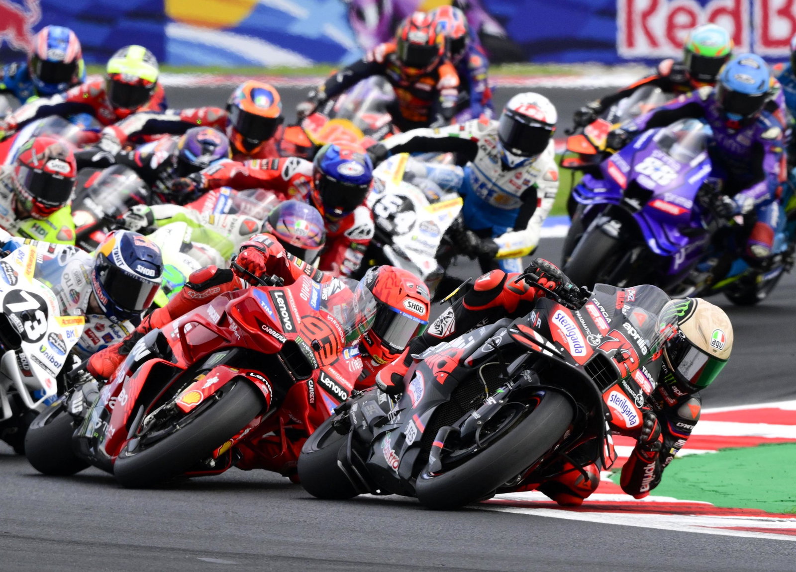Marco Bezzecchi leads Marc Marquez, Start, 2025 San Marino MotoGP