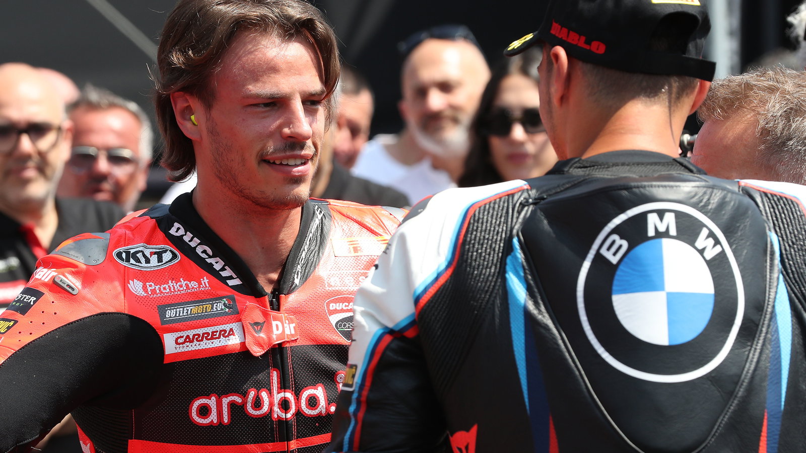 Nicolo Bulega, Toprak Razgatlioglu, 2025 Emilia-Romagna WorldSBK, parc ferme. Credit: Gold and Goose.