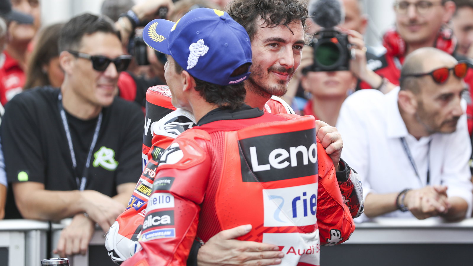 Marc Marquez, Francesco Bagnaia, 2025 MotoGP Italian Grand Prix, parc ferme. Credit: Gold and Goose.