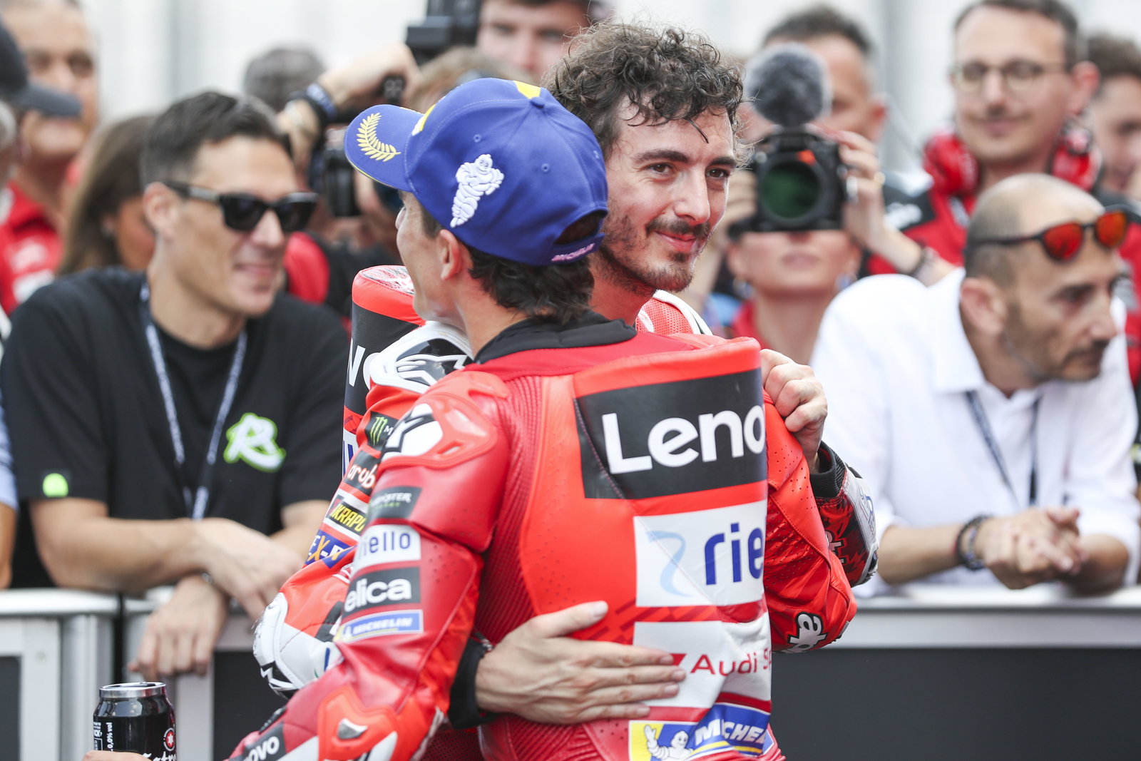 Marc Marquez, Francesco Bagnaia, 2025 MotoGP Italian Grand Prix, parc ferme. Credit: Gold and Goose.