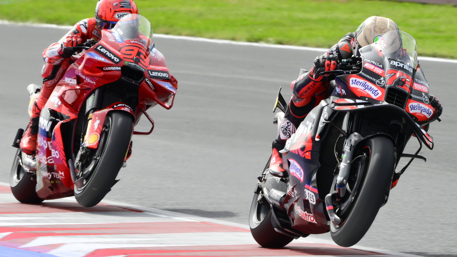 Marco Bezzecchi leads Marc Marquez, 2025 MotoGP San Marino Grand Prix. Credit: Gold and Goose.