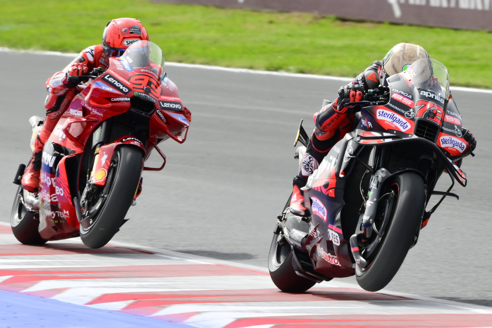 Marco Bezzecchi leads Marc Marquez, 2025 MotoGP San Marino Grand Prix. Credit: Gold and Goose.