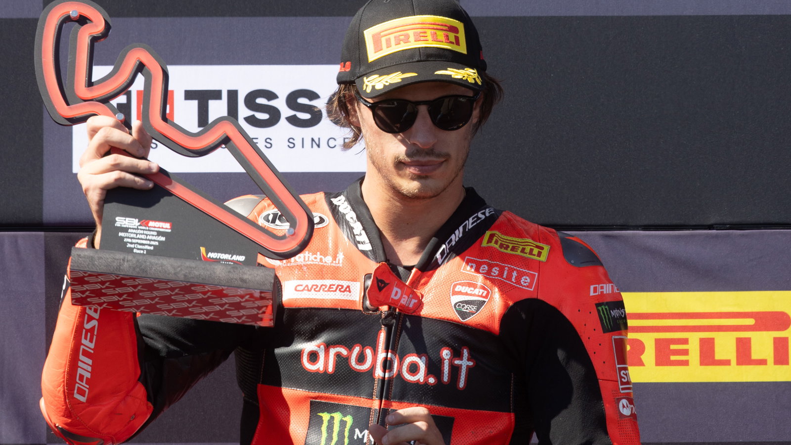 Nicolo Bulega, 2025 Aragon WorldSBK, podium. Credit: Gold and Goose.