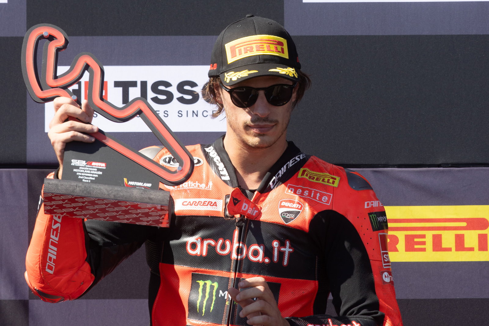 Nicolo Bulega, 2025 Aragon WorldSBK, podium. Credit: Gold and Goose.
