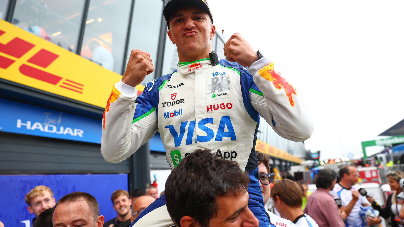 Isack Hadjar celebrates his podium finish at Zandvoort