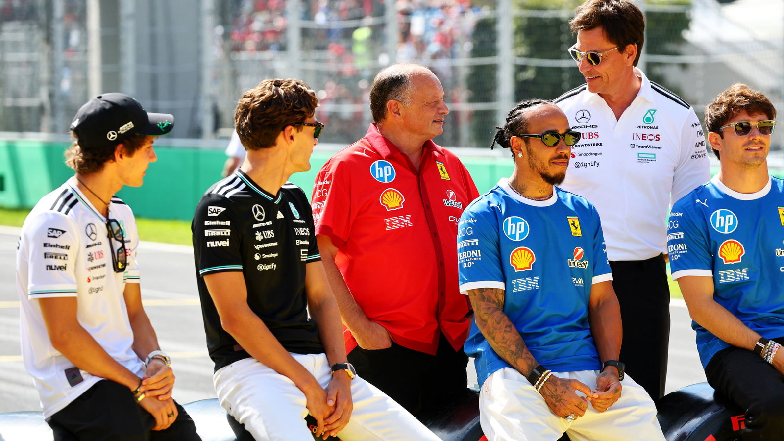 Kimi Antonelli, George Russell, Lewis Hamilton and Charles Leclerc