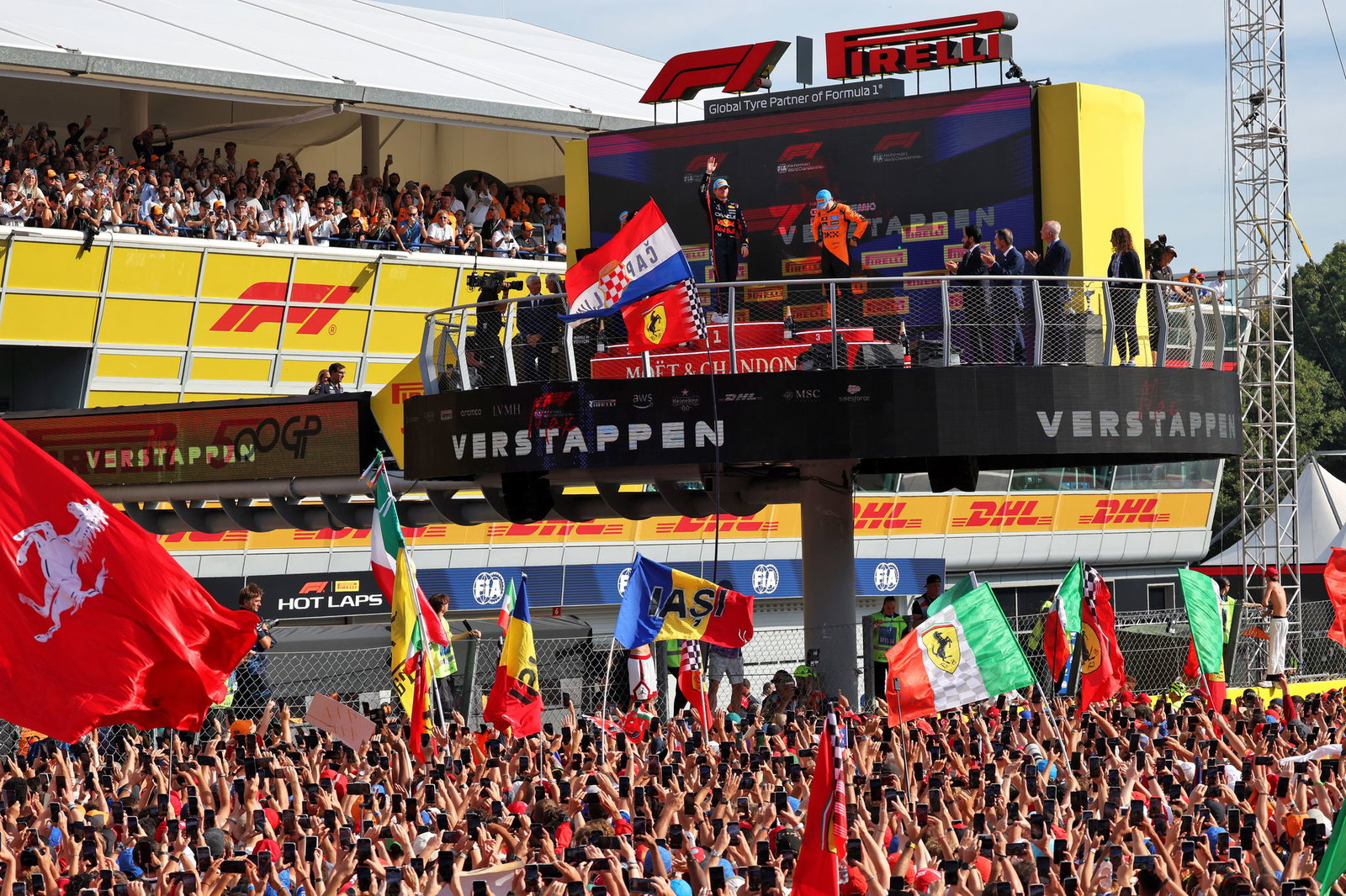 Max Verstappen celebrates on the podium 