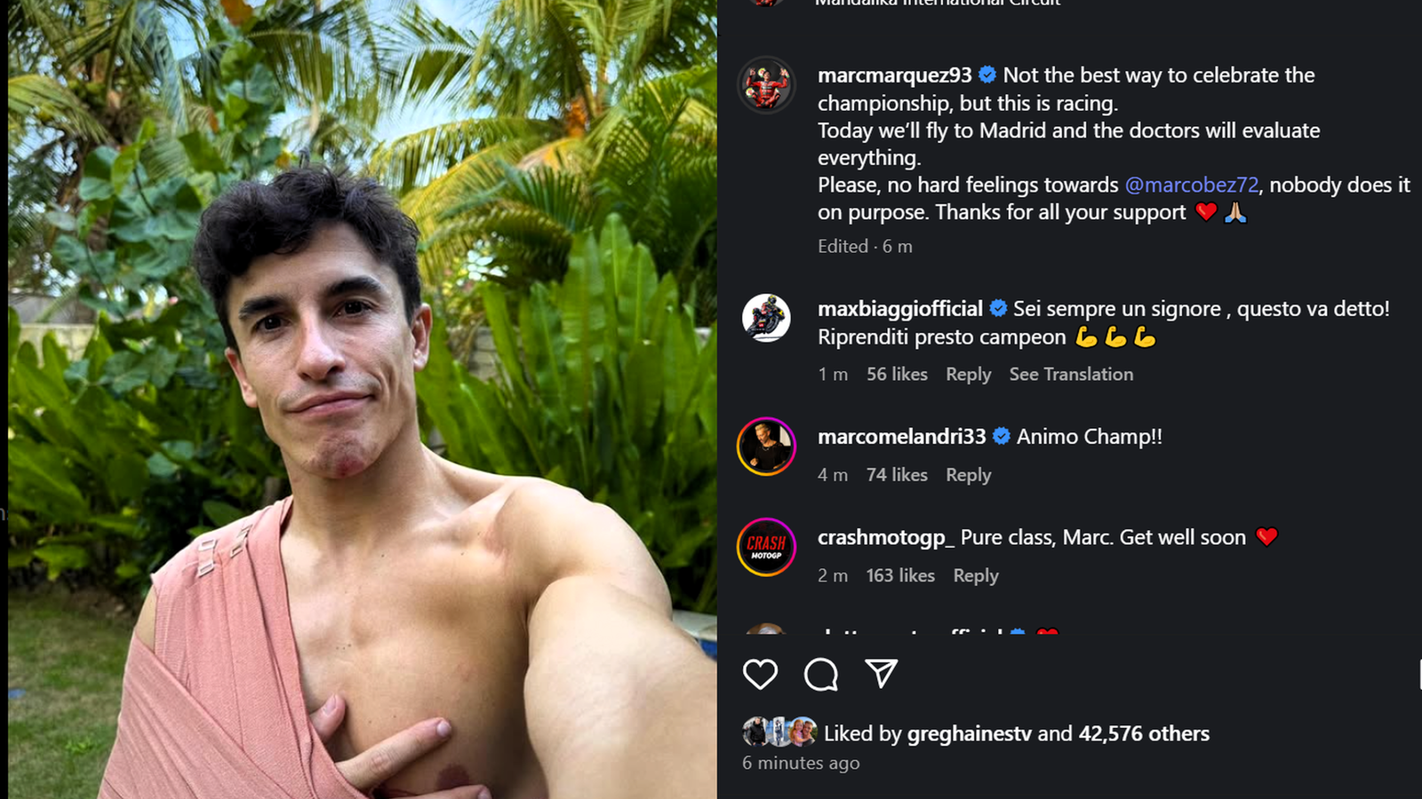 Marc Marquez's Instagram post after Indonesian MotoGP injury