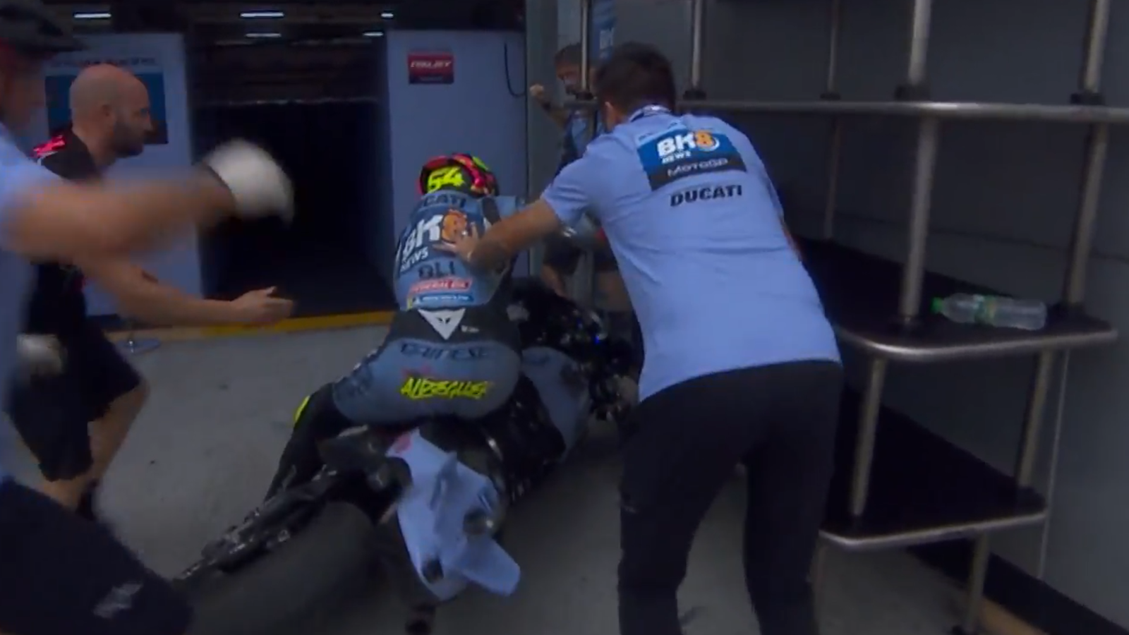 Fermin Aldeguer crashes at the back of the Gresini pits, 2025 MotoGP Malaysian Grand Prix. Credit: MotoGP.com.