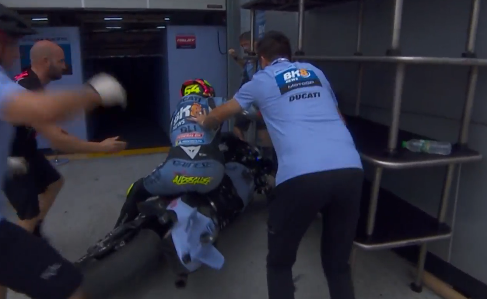 Fermin Aldeguer crashes at the back of the Gresini pits, 2025 MotoGP Malaysian Grand Prix. Credit: MotoGP.com.