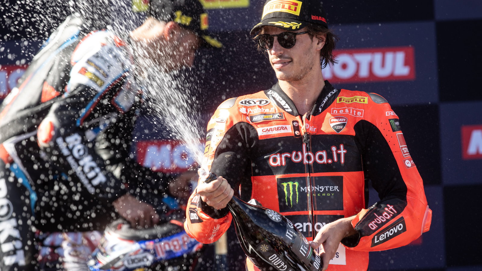 Nicolo Bulega, 2025 Estoril WorldSBK, podium. Credit: Gold and Goose.