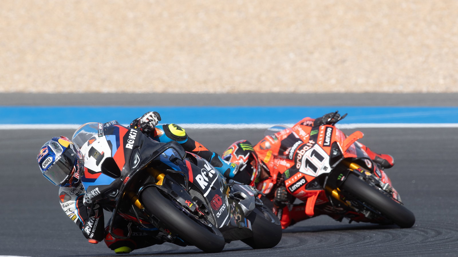 Toprak Razgatlioglu, Nicolo Bulega, 2025 Estoril WorldSBK. Credit: Gold and Goose.